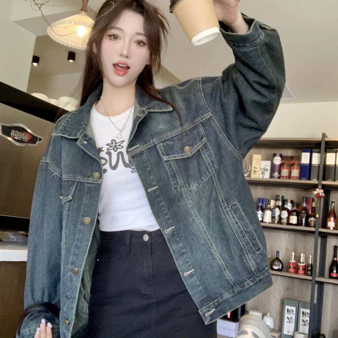 女春秋短外套韩版女满印牛仔夹克宽松秋季韩版长袖