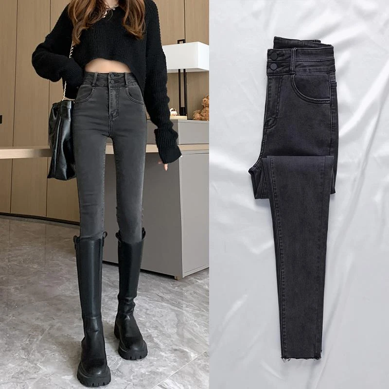 烟灰色紧身高腰牛仔裤女2025年秋冬新款显瘦修身加绒小脚裤子薄绒