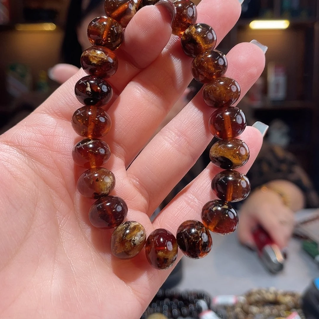琥珀未镶嵌手链11m血底蜡花