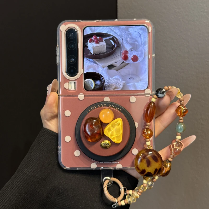 适用华为purax典藏版折叠屏手机壳PuraX棕色波点立体宝石磁吸支架