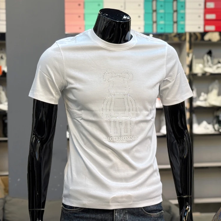 欧洲站圆领短袖男士夏季潮牌烫钻卡通小熊丝光棉修身短款t恤半袖