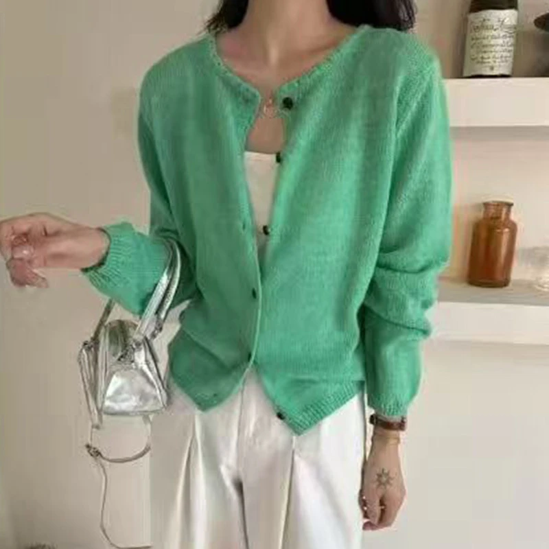 0385休闲纯色针织开衫上衣女圆领百搭气质长袖针织外套