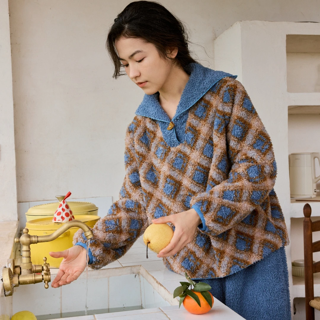 朵朵可可家居服女秋冬新款翻领双面绒套头款甜美睡衣套装055