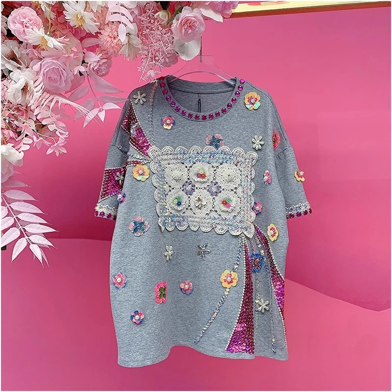 A1631欧美设计师2025夏季新款重工钉钻刺绣亮片钩花短袖休闲T恤女