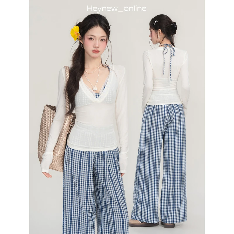 LOVEHEYNEW白色格纹挂脖吊带T恤女夏日减龄慵懒风套装-5C987