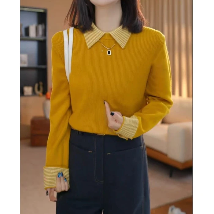 设计感拼色翻领长袖毛衣内搭针织衫女秋冬慵懒减龄宽松打底衫上衣