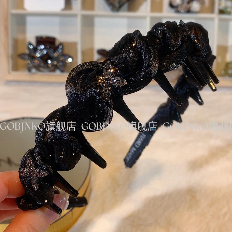 GOBJNKO韩版长齿发箍气质编织头箍网红时尚百搭黑色复古法式宽边