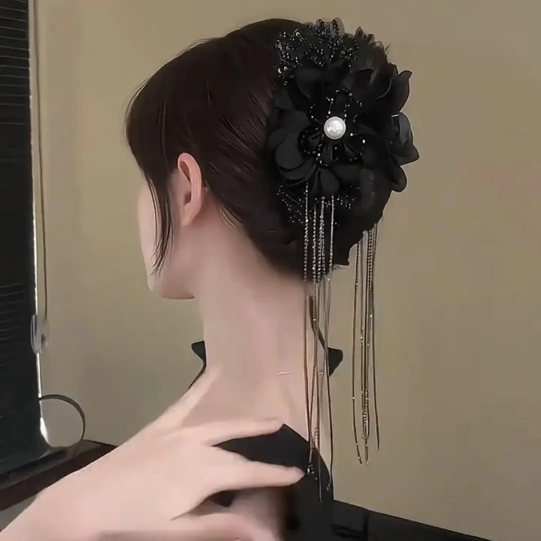 唯美白月光花朵流苏抓夹高级感轻奢重工超仙气质百搭优雅鲨鱼夹女