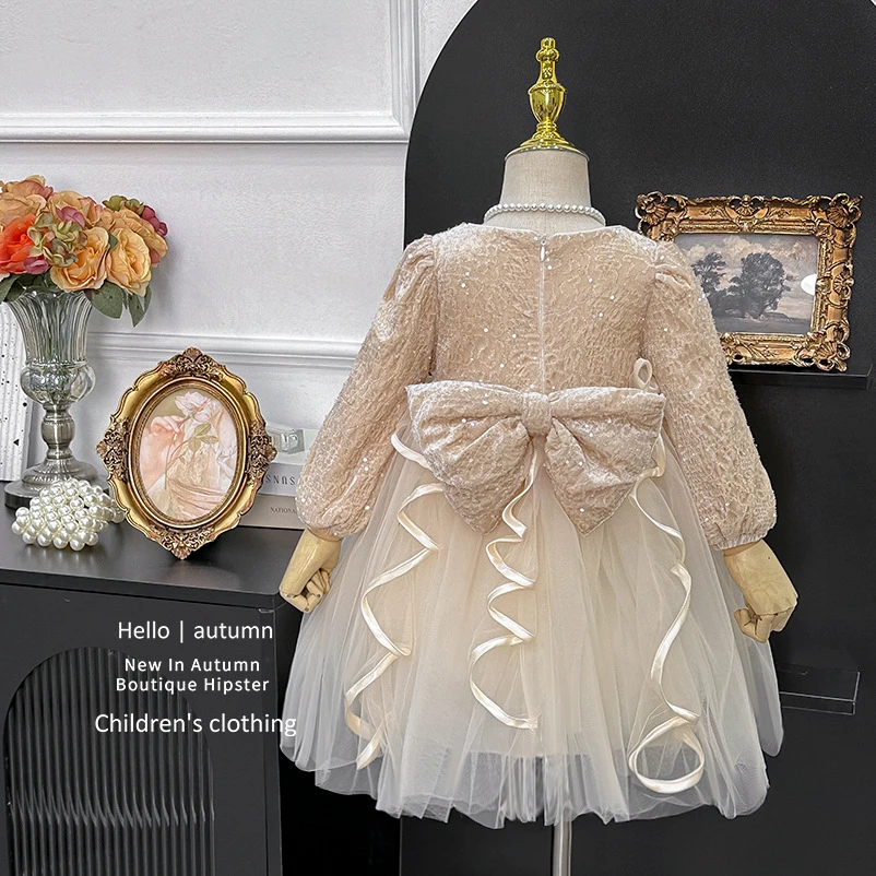 女童连衣裙2024秋冬新款洋气蝴蝶结女宝宝秋装生日宴会礼服公主裙