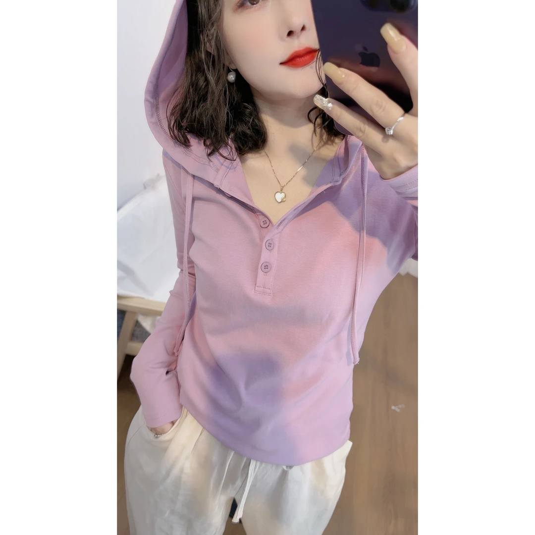 2025春夏连帽长袖文艺范长袖T恤修身显瘦百搭洋气短款宽松上衣