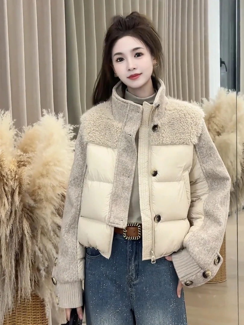韩系立领羊羔毛拼接羽绒服女2025冬季新款短款宽松休闲白鸭绒外套