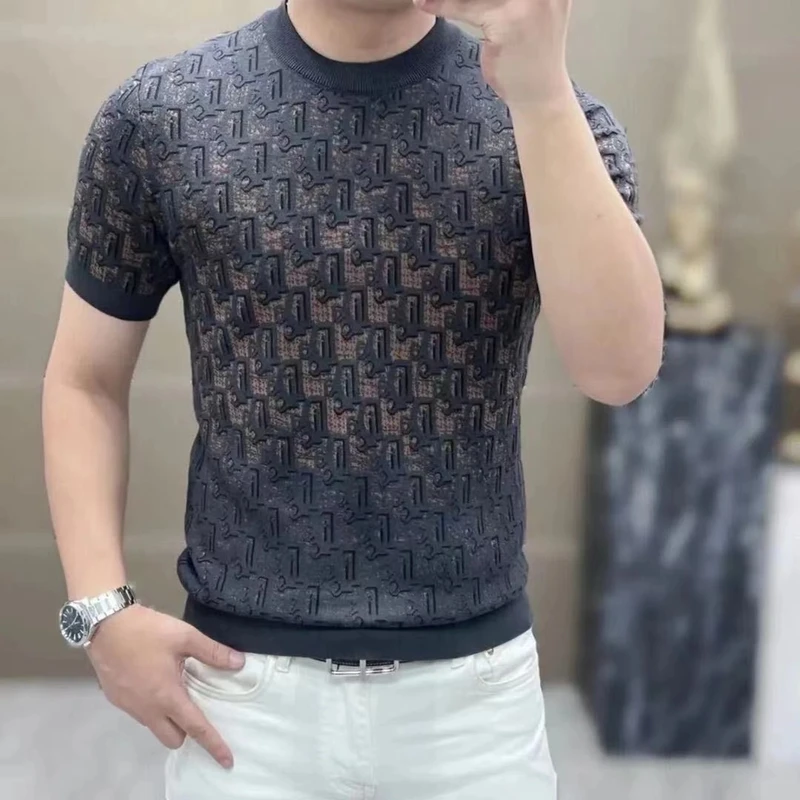 欧货2025新款男士男款提花短袖毛衣潮流圆领套头针织衫修身打底衫