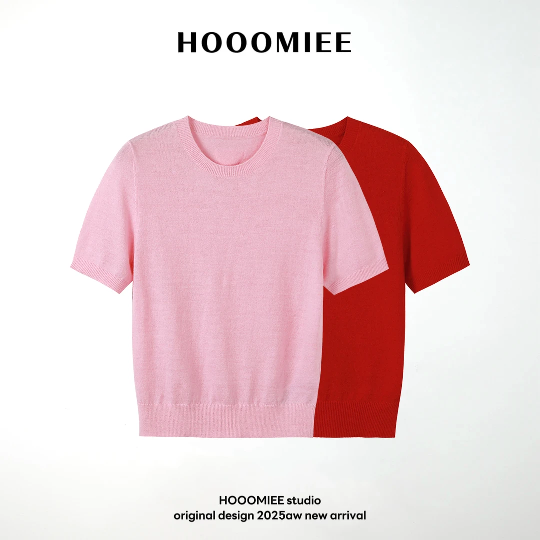 Hooomiee丝光羊毛纯色打底羊毛衫短袖圆领时尚搭配针织衫J25001