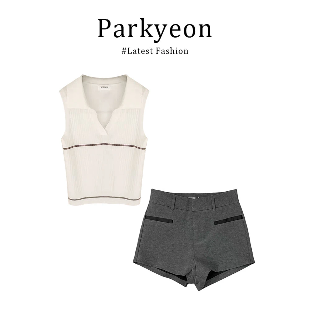 parkyeon时尚穿搭轻熟风百搭撞色无袖上衣女高级感西装短裤两件套