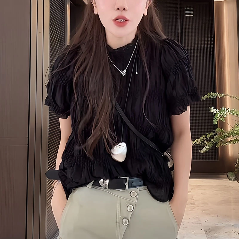 黑色雪纺衫女夏季2025新款宽松时尚减龄遮肚子显瘦高级感正肩上衣