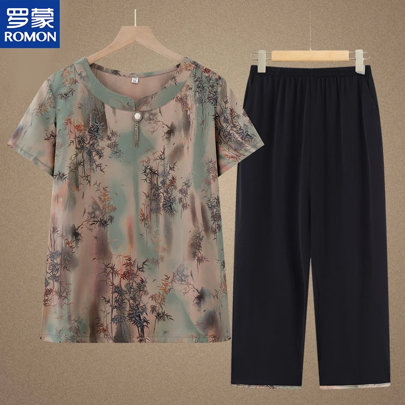 罗蒙奶奶套装短袖妈妈装夏季两件套老太太中老年人夏天薄款女装