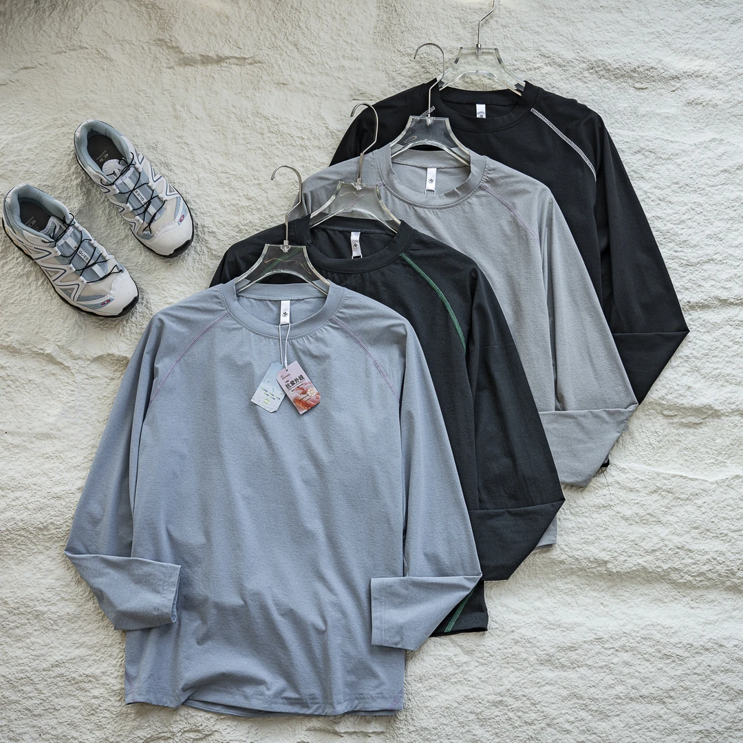 宽松高街廓形男女情侣落肩机能户外吸湿速干防紫外线原纱长袖T恤