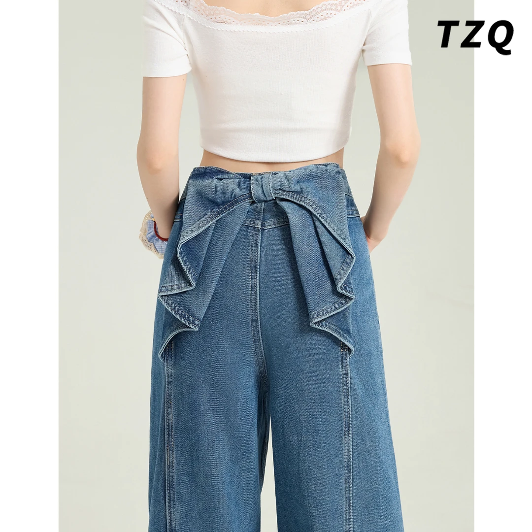 2025夏季新款蝴蝶结阔腿牛仔裤女高腰显瘦百搭直筒裤子TZQ2531012