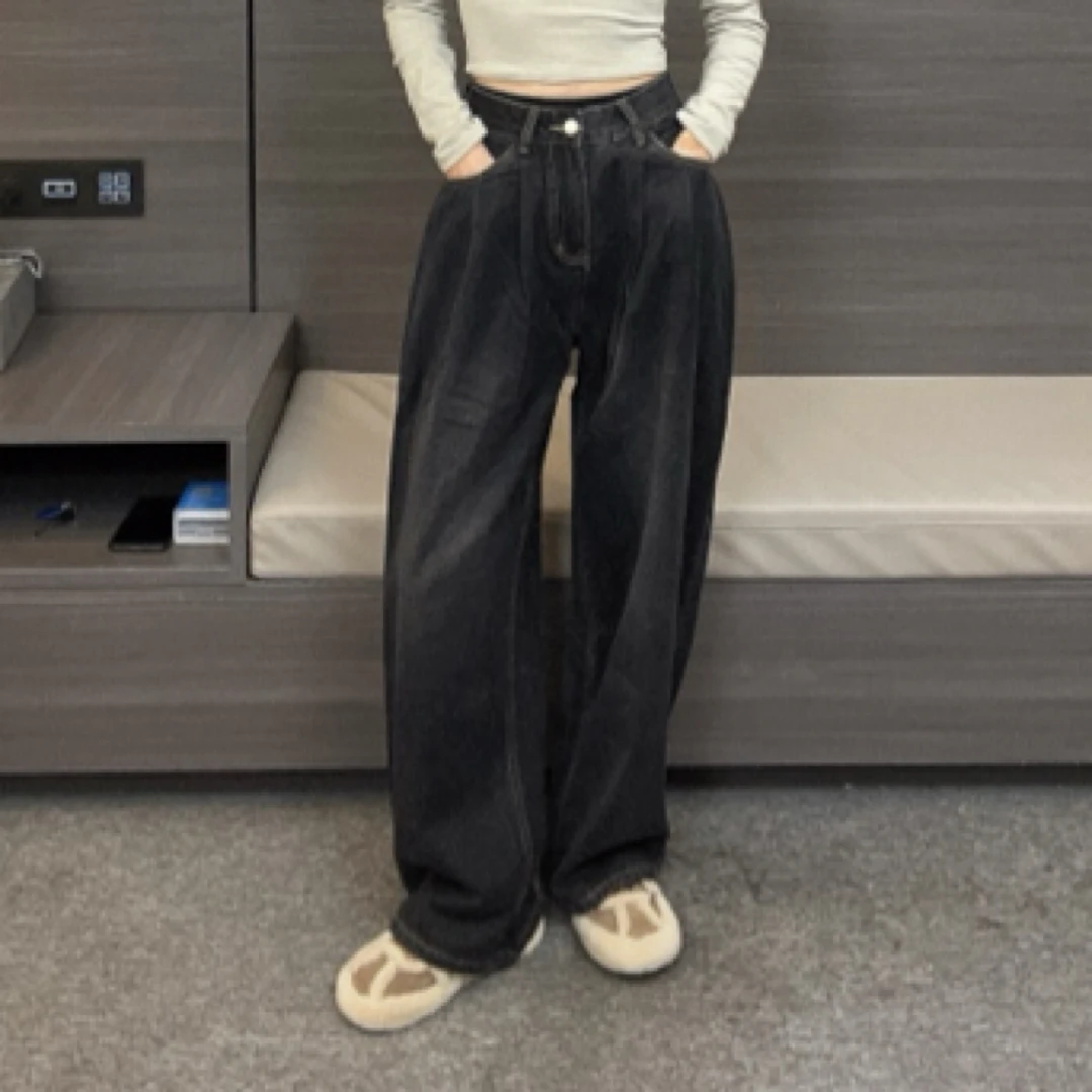 YJ复古做旧烟黑色宽松牛仔裤显瘦高腰休闲阔腿慵懒风拖地裤直筒裤