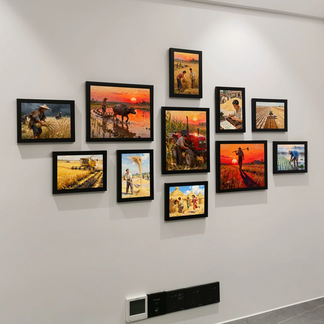 80年代秋收农忙海报照片墙装饰相框组合适用于卧室客厅墙壁背景