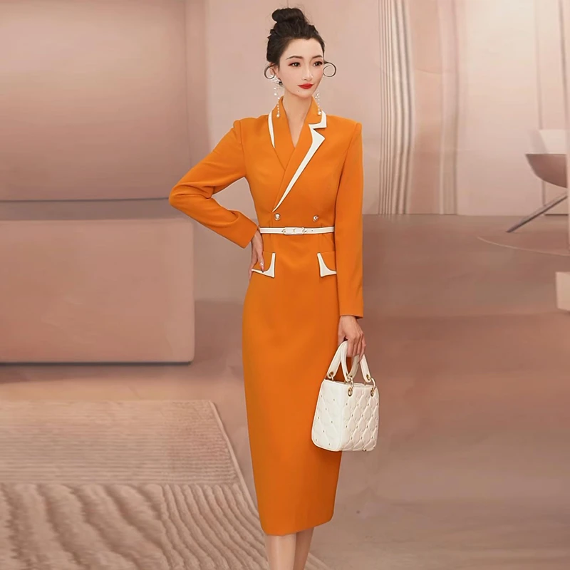 西装连衣裙长袖高腰气质新款显瘦修身包臀裙8117