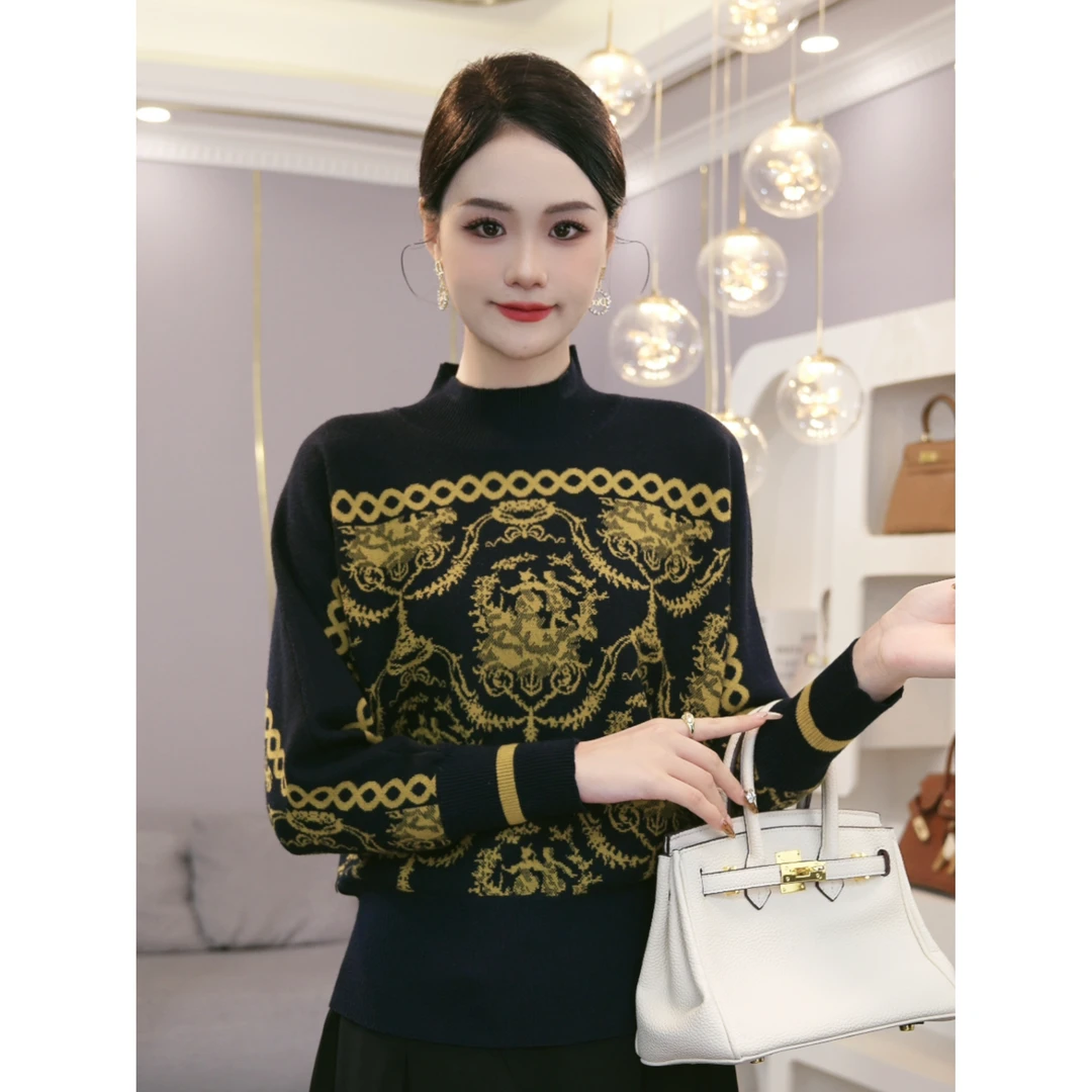 2026秋冬新款【TN-29】含绵羊毛洋气别致老钱风长袖藏蓝色针织衫女