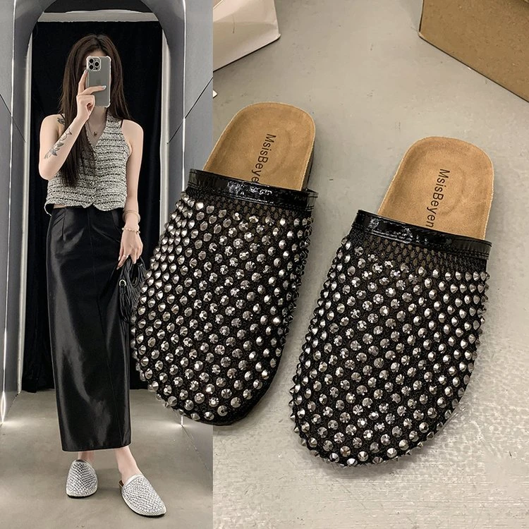 包头厚底水钻日常镂空夏季包头拖软底闪闪凉拖平跟