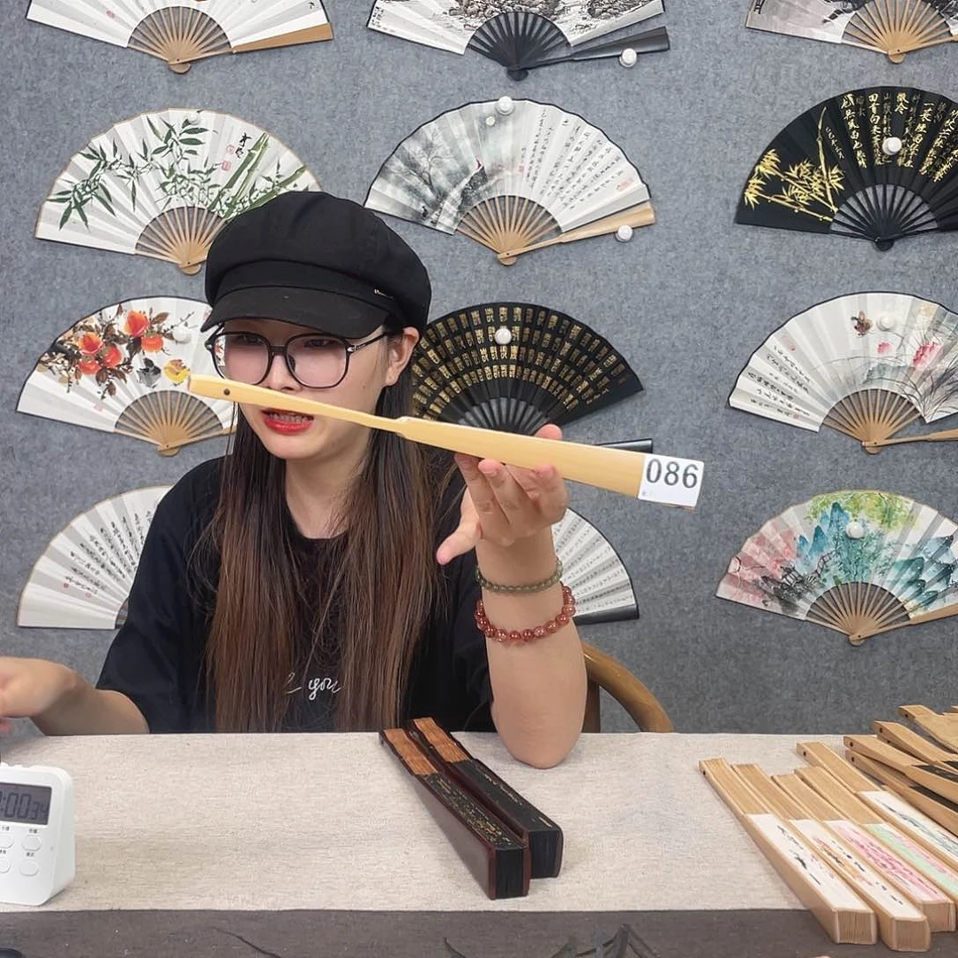 国画10寸水磨玉竹-纯手绘-文玩扇骨（默认粘好）编码086