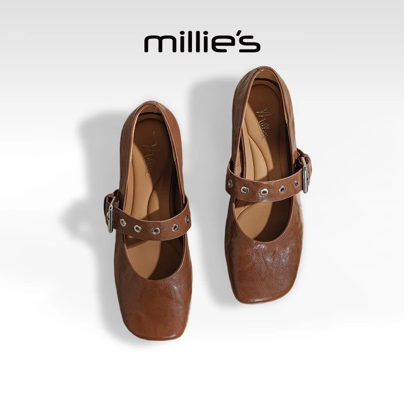 MILLIE'S/妙丽法式气质浅口单鞋2025夏季款真皮百搭芭蕾单鞋女鞋