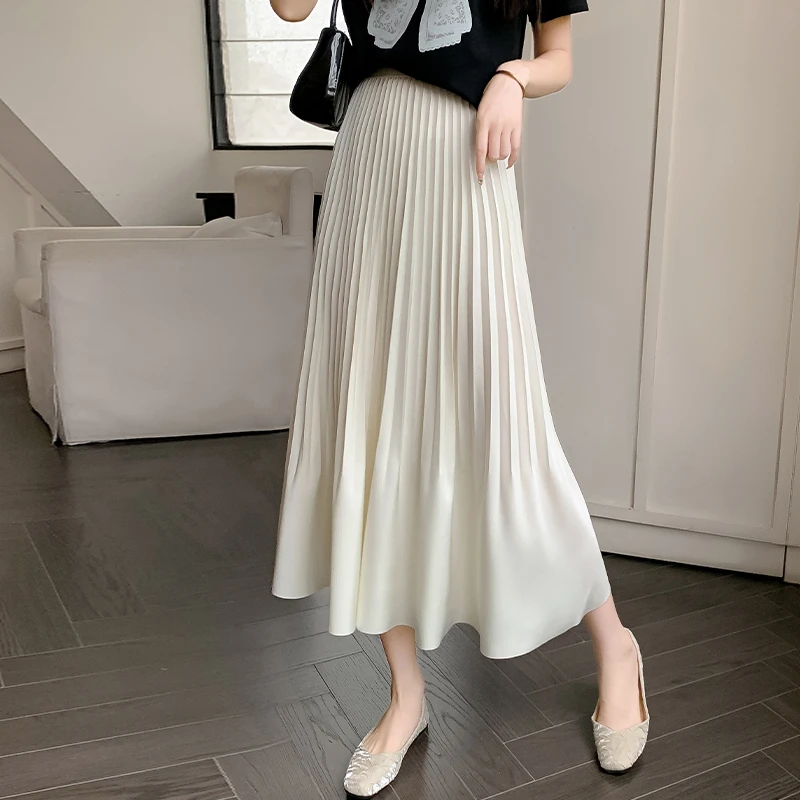 醋酸缎面灵动半身裙高腰A字显瘦褶皱纯色中长裙风琴褶a字鱼尾长裙