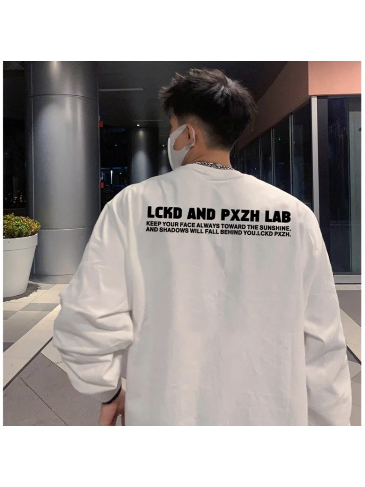 欧美简约纯棉长袖t恤男ins潮牌字母印花圆领宽松上衣秋季oversize