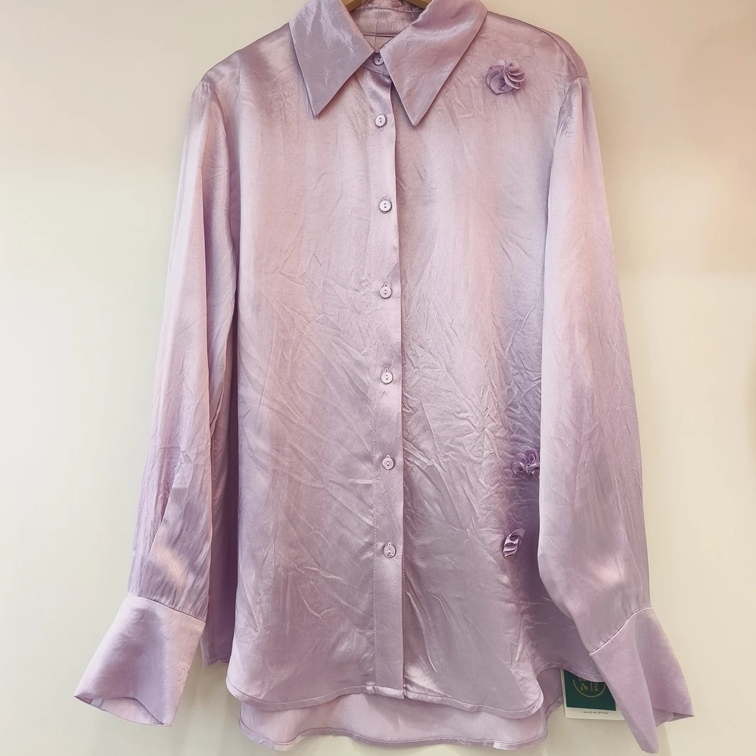 春夏醋酸长袖衬衣衬衫紫色女人衬衣洋气衣服女千金清冷感贵系衣服