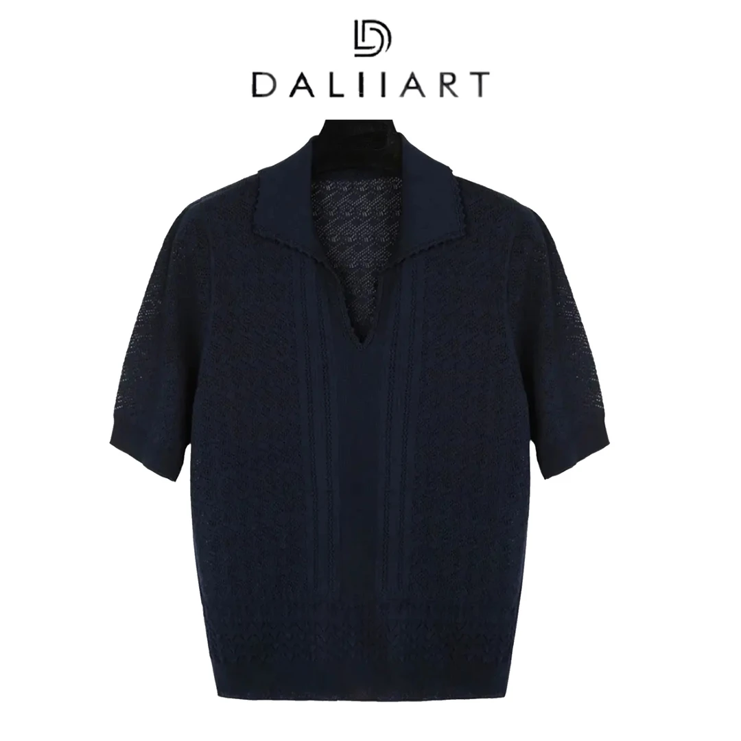 DALIART 夏日情书 艾草棉岛精18针机织钩花波浪纹针织衫DLTX0430