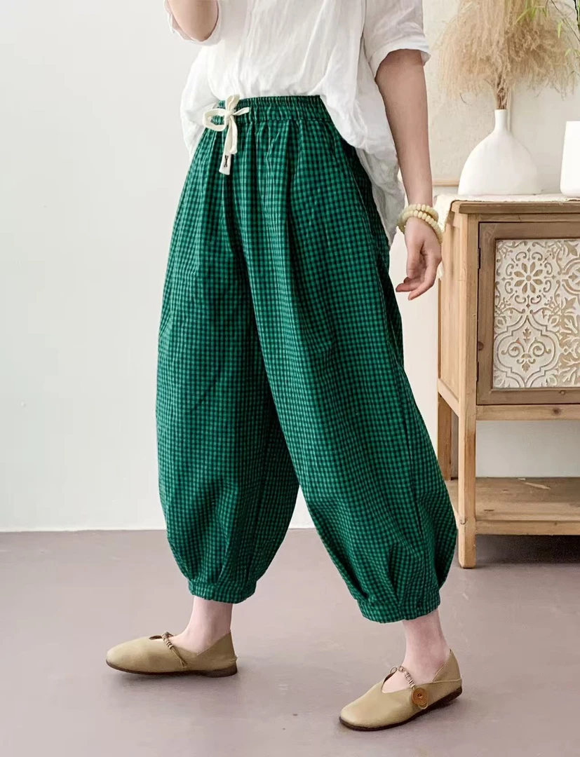 2025夏季新款格子纹休闲八分裤宽松松紧腰百搭显瘦