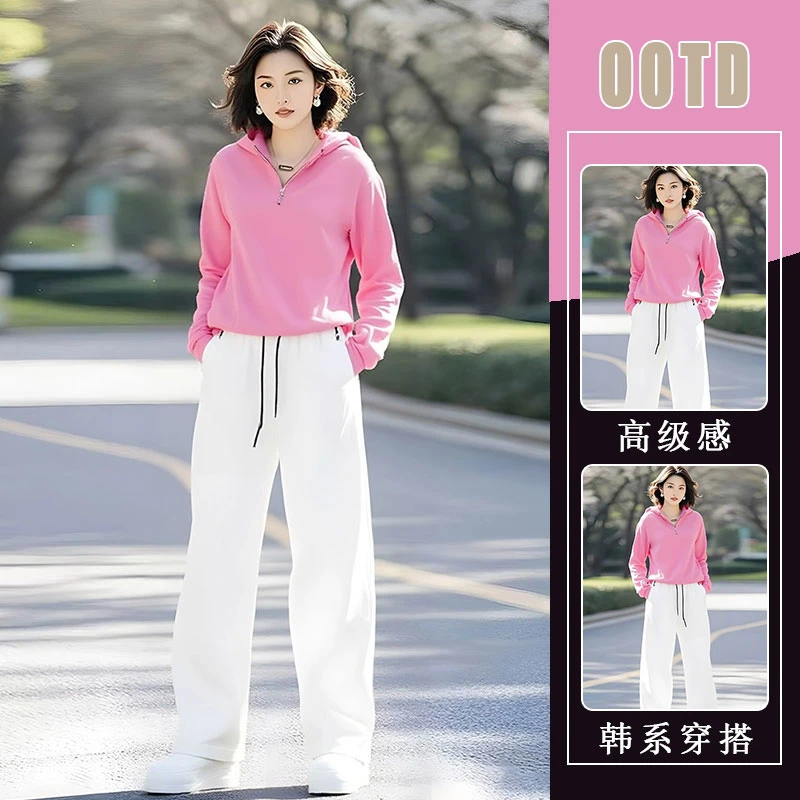 欧美炸街套装穿搭新款2025春秋韩版宽松连帽上衣高腰遮胯休闲裤潮