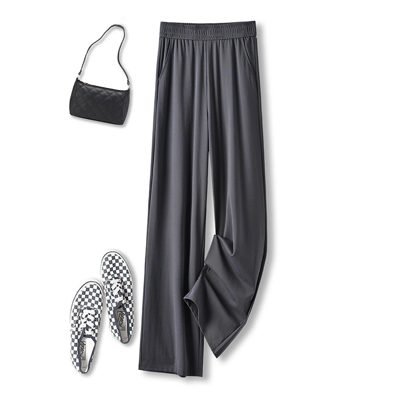 铜氨丝阔腿裤女夏2025新款显瘦大码胖mm休闲黑色薄款凉爽直筒裤子