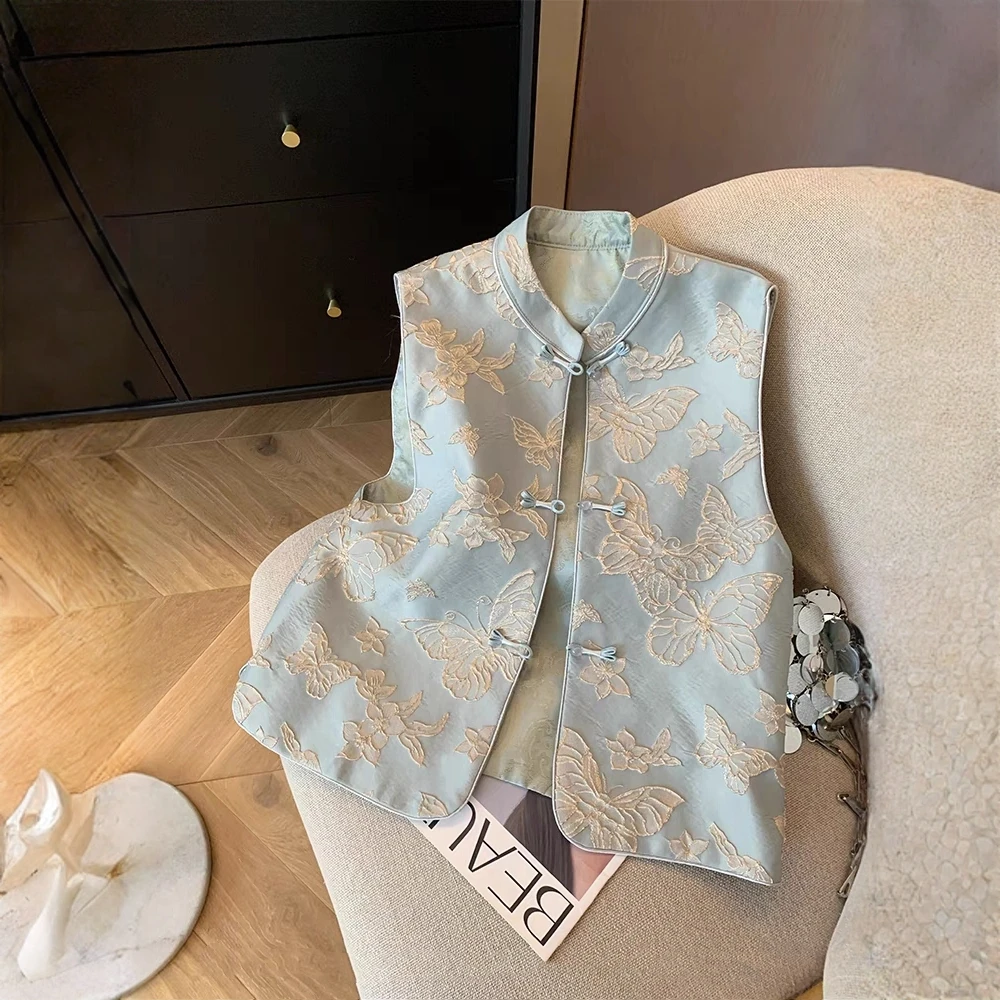 珠扣盘扣设计无袖立领坎肩上衣女新中式国风马甲蓝色提花马夹背心