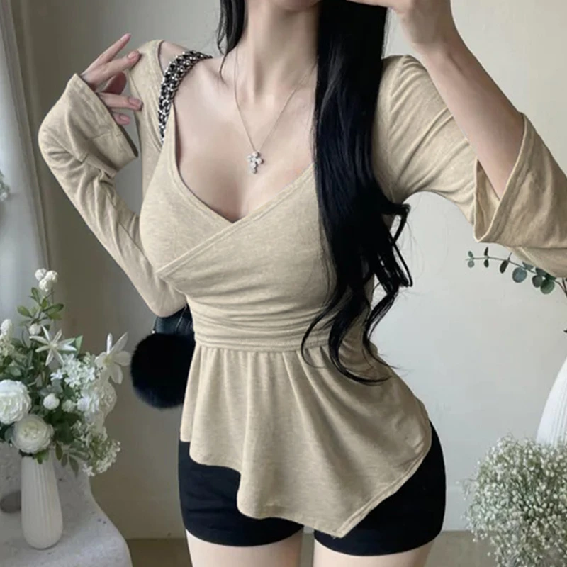 御姐性感低领显胸紧身长袖T恤女纯欲收腰显身材内搭交叉V领上衣夏