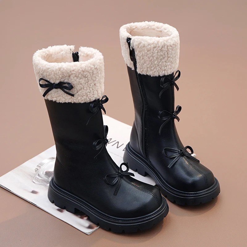 女童加绒高筒靴冬季保暖蝴蝶结小女孩毛毛靴高级感长靴2025新款