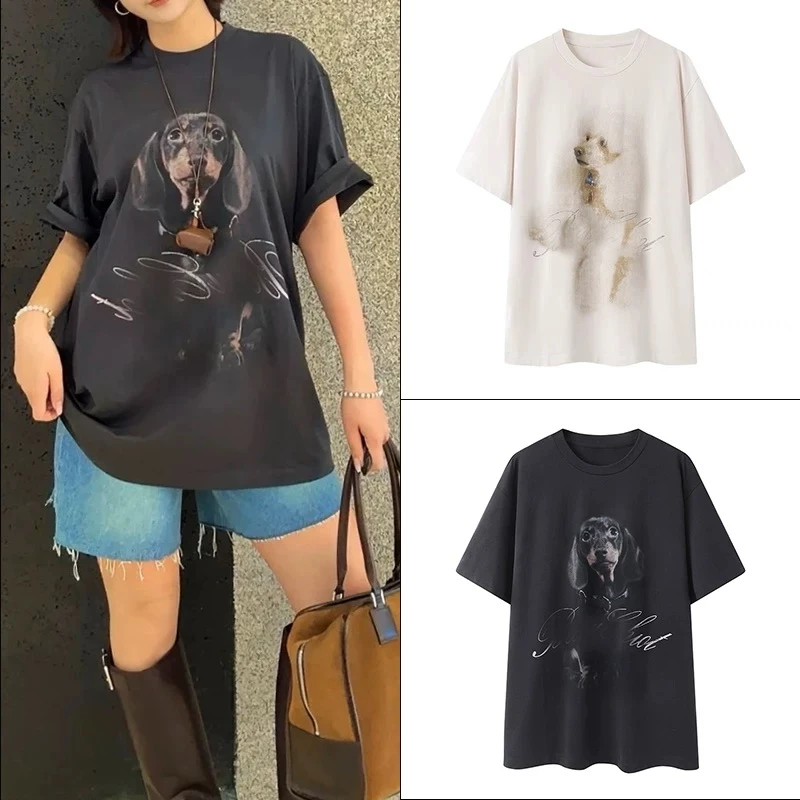 1618春季2025新款斑驳萌宠小狗印花宽松长款T恤