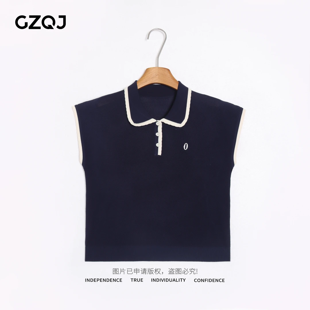 老琴私服【青衿织迹】 欧若风休闲字母刺绣POLO领短袖针织衫女09226