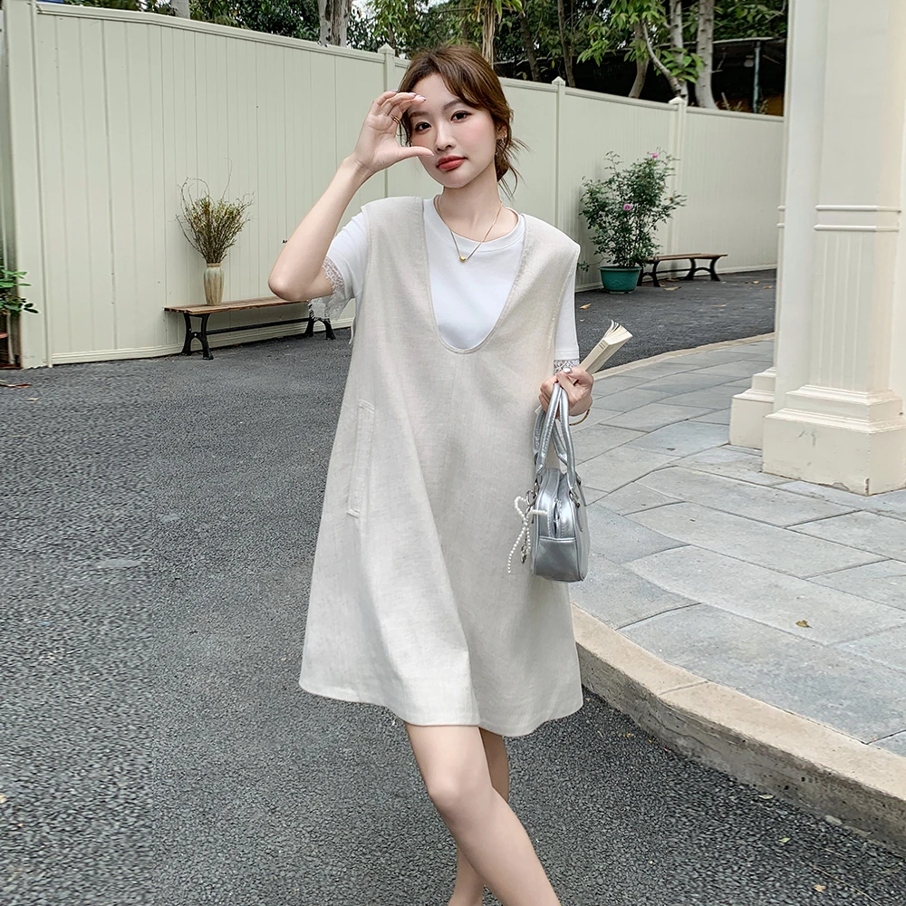 韩版通勤时尚套装裙女夏季2025新款蕾丝拼接短袖T恤背心裙两件套