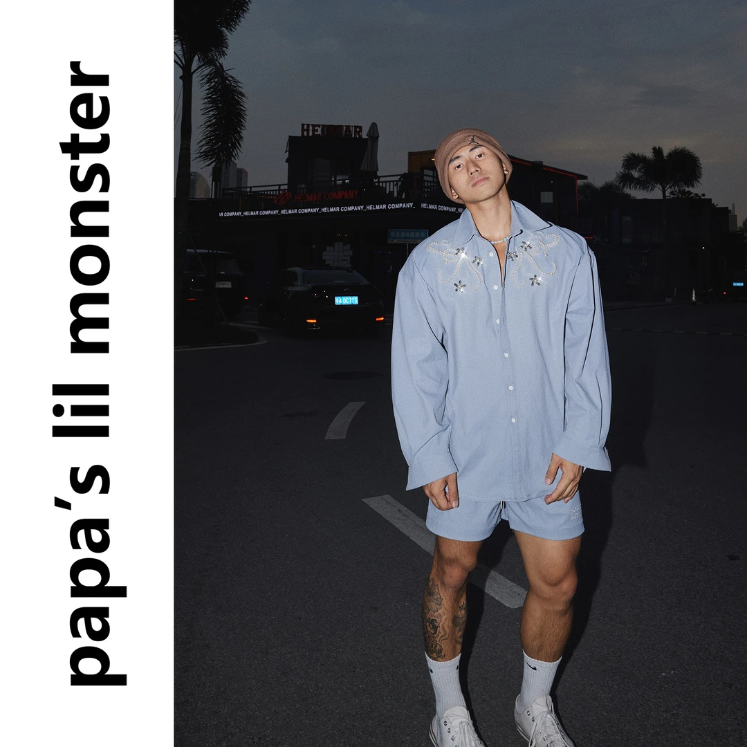 PAPASLILMONSTER【原创】奢华珍珠配饰设计感长袖衬衫短裤套装男