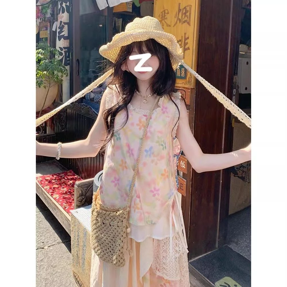 2025夏新款彩虹碎花印花套装蕾丝背心上衣拼接设计感古着感半身裙
