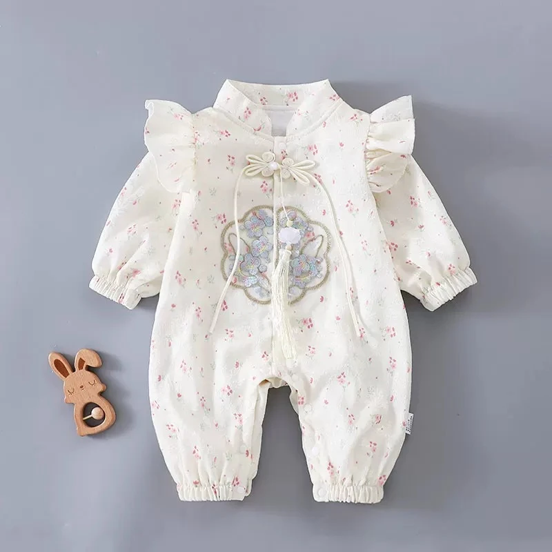 中式婴儿衣服秋装新款古风汉服连体衣女宝宝满月百天周岁公主礼服