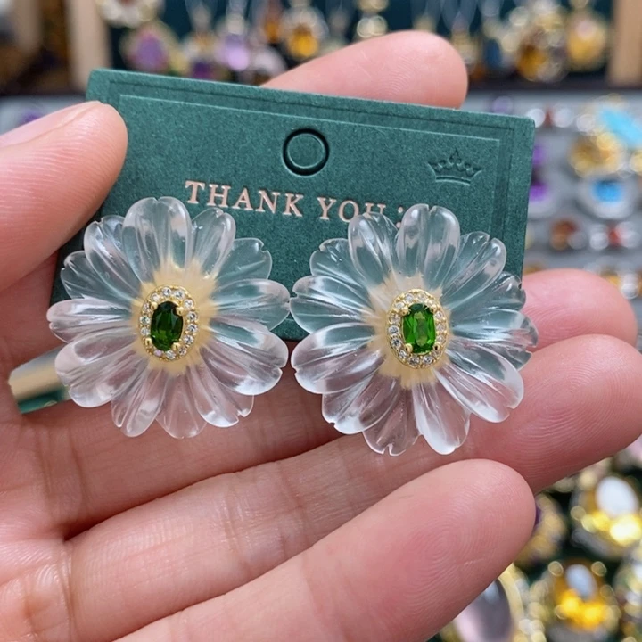 水晶耳饰银S925镶嵌暮**酥天然水晶耳饰