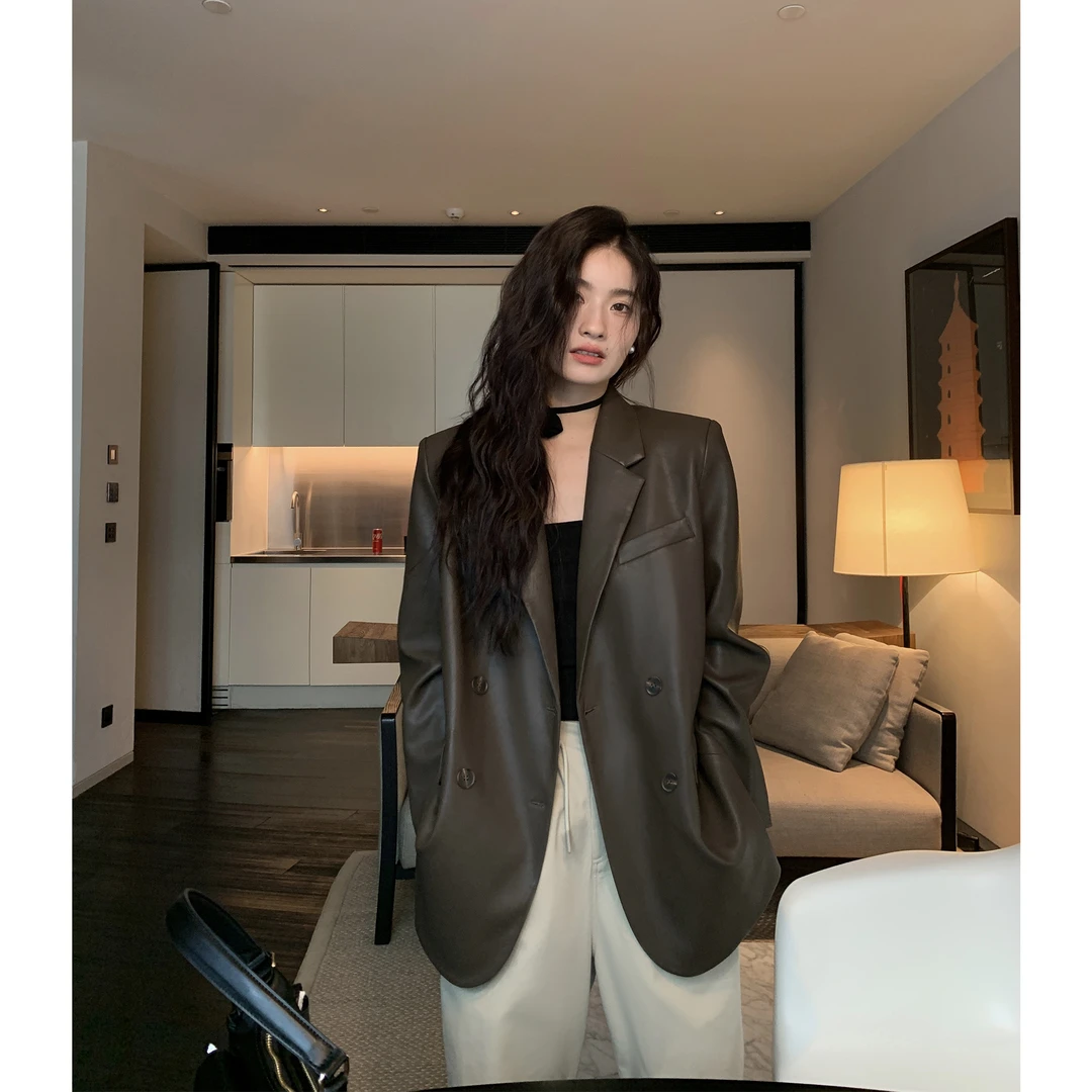 黑色复古皮衣皮西装外套女春秋设计感宽松休闲西服上衣