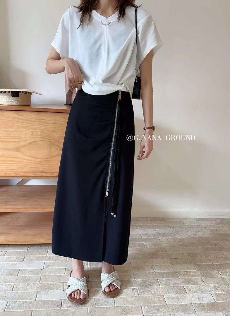 Meiky饼 时髦百搭 侧拉链开叉半高腰垂感半身长裙