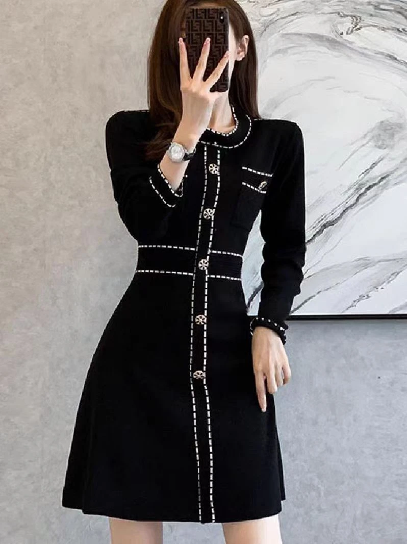 1105秋季长袖中长裙连衣裙拼接设计感小黑裙气质名媛女装法式时尚