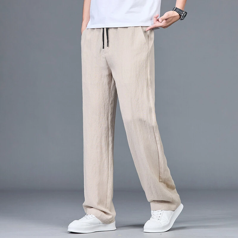 夏季男士莱赛尔天丝亚麻休闲宽松直筒垂感国风老钱薄款透气冰感裤